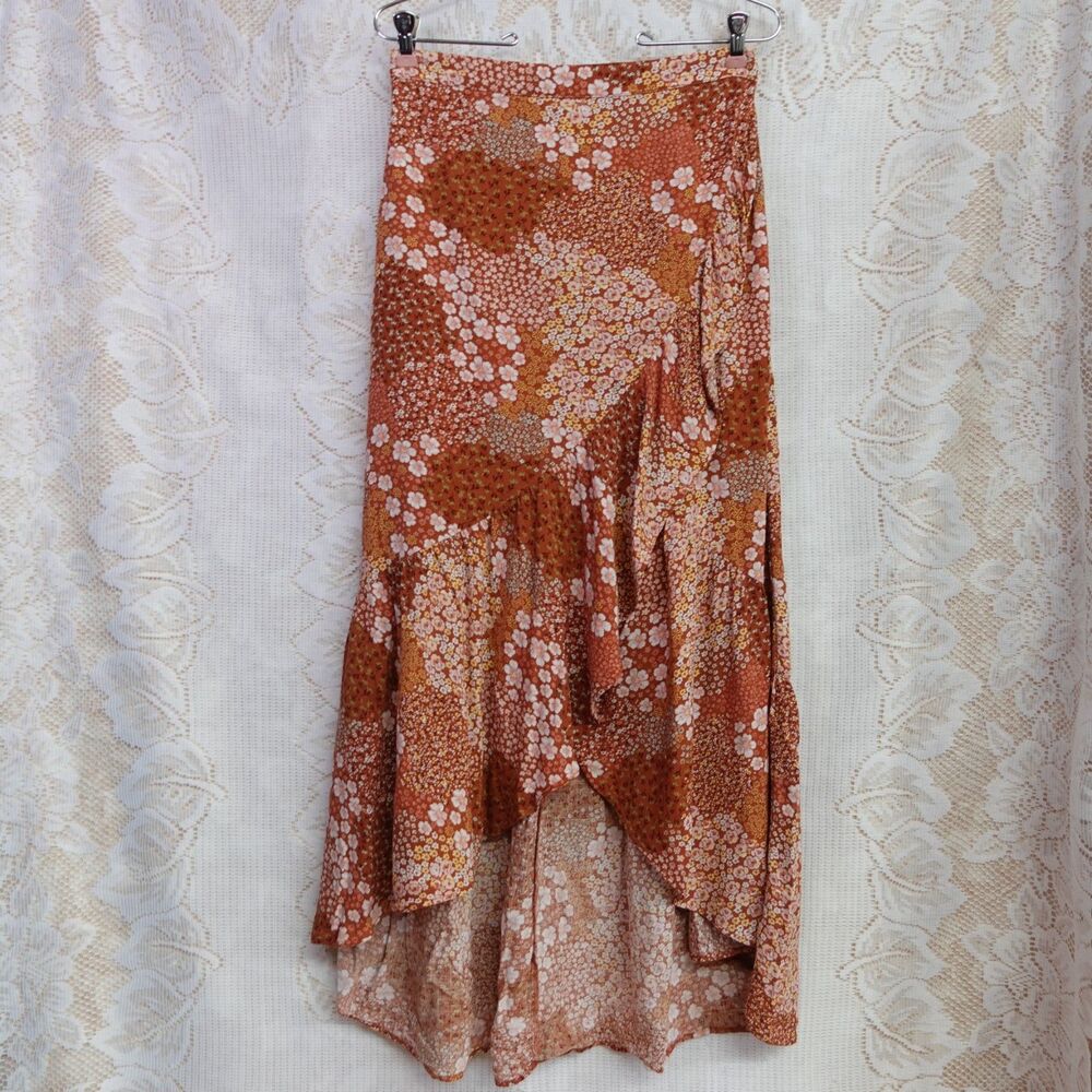 Sonoma Womens Sz Small Floral High-Low Skirt Ruffle Fall Cottage Feminine Orange